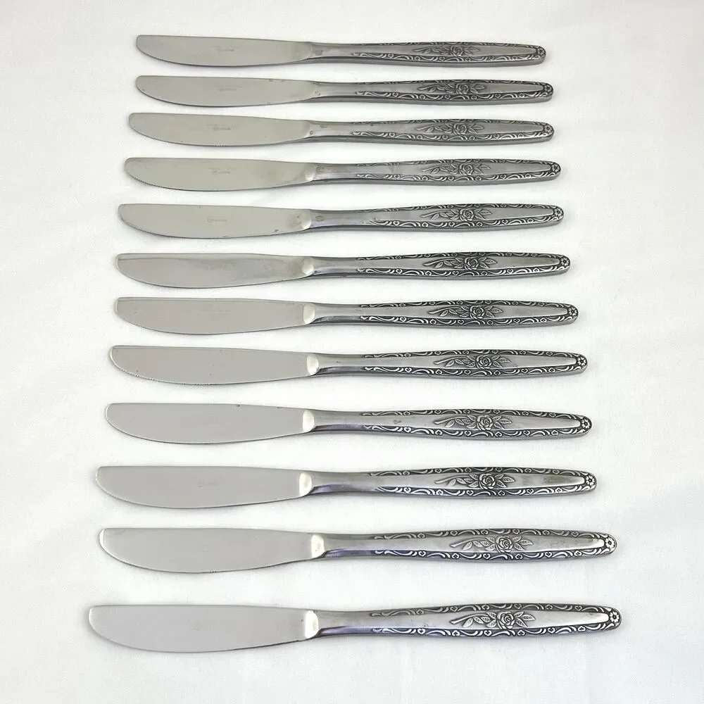 12pc Stylecraft T&N SYF2 Single Rose Dinner Knife Satin Stainless Flatware Japan